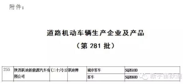 熱烈祝賀躍迪集團旗下陜西躍迪公司SQZ6600KA、SQZ6100NG車型正式列入工信部產(chǎn)品公告目錄（第281批）